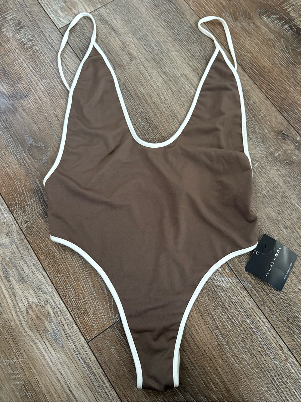 JLUXLABEL Brown One-Piece with White Contrast Trim thong